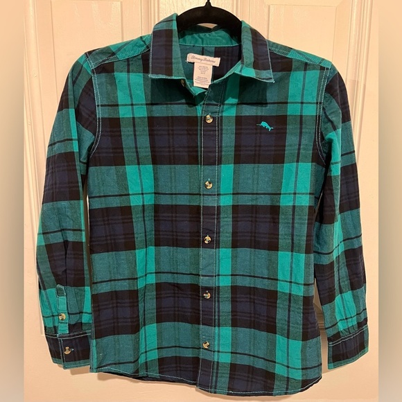 Tommy Bahama Kids Boys Green & Blue Plaid Button Down Shirt in Size Large 10/12 - Picture 1 of 16